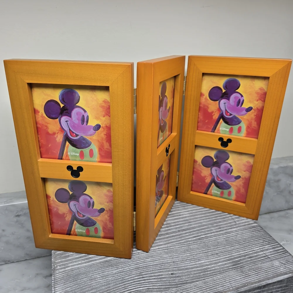 Disney Parks Mickey Mouse Ears Hinged 6 Picture Wood Trifold Photo Frame 8.75x14